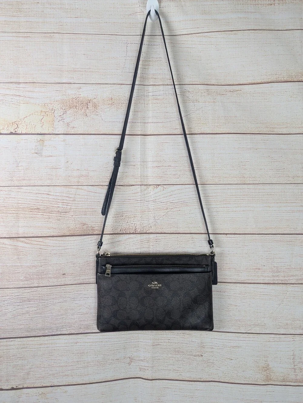 COACH Signature Leather Crossbody Bag Brown Black Canvas Print Zip Pocket Purse